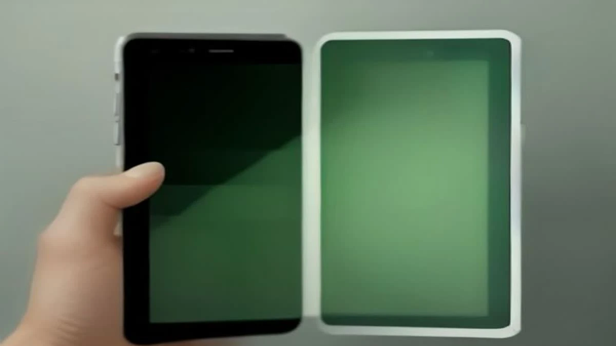 A hand holding a smartphone showing an abstract green bar chart in low-key lighting