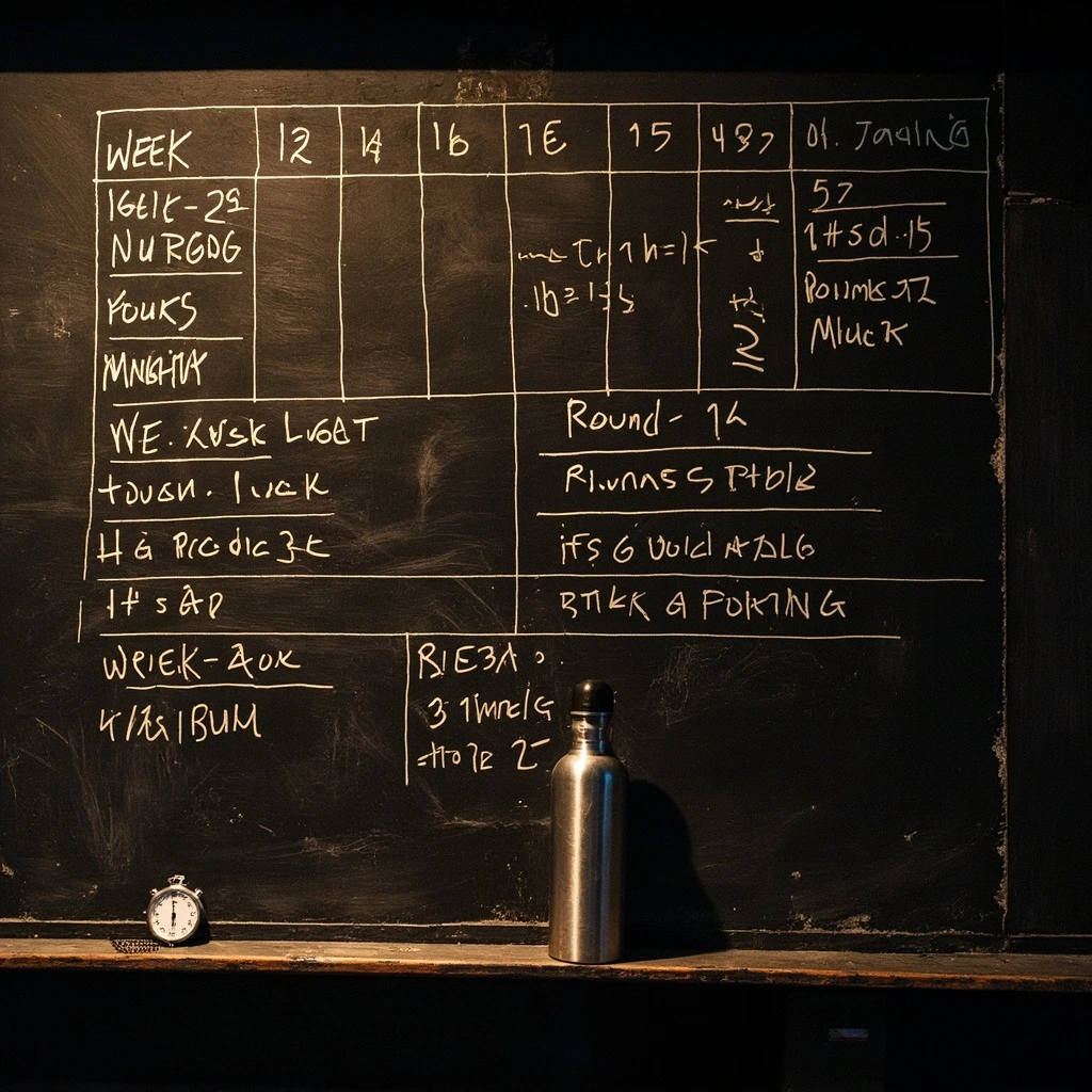 A chalkboard covered in handwritten fight-camp programming.