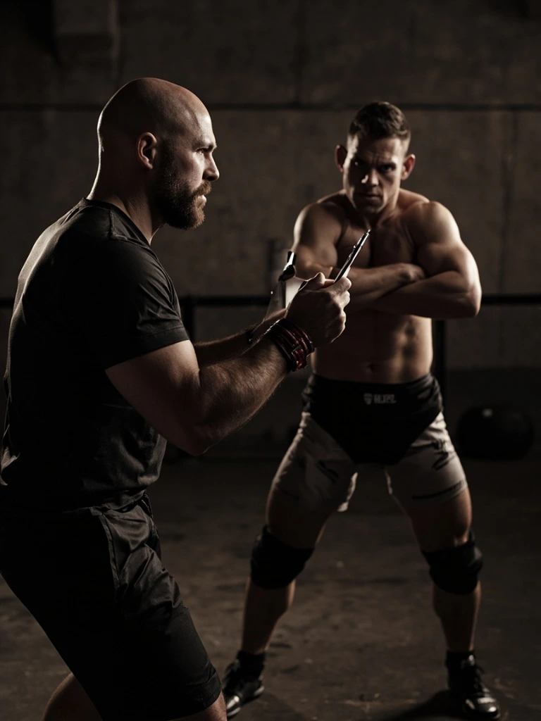Coach running a movement-screening assessment on a fighter